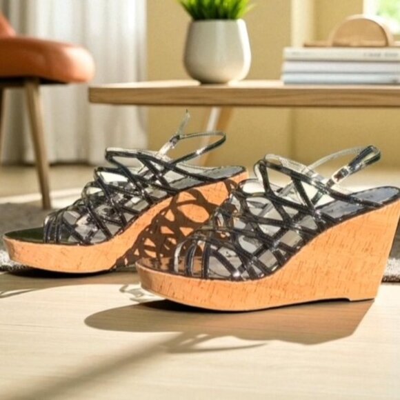 Rampage Black Patent Strappy Wedge Heels Size 8 - Picture 3 of 5